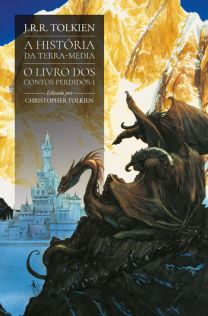 A capa de O Livro dos Contos Perdidos 1, com uma arte de John Howe retratando alguns dragões e balrogs se espreitando em direção a Gondolin ao fundo.